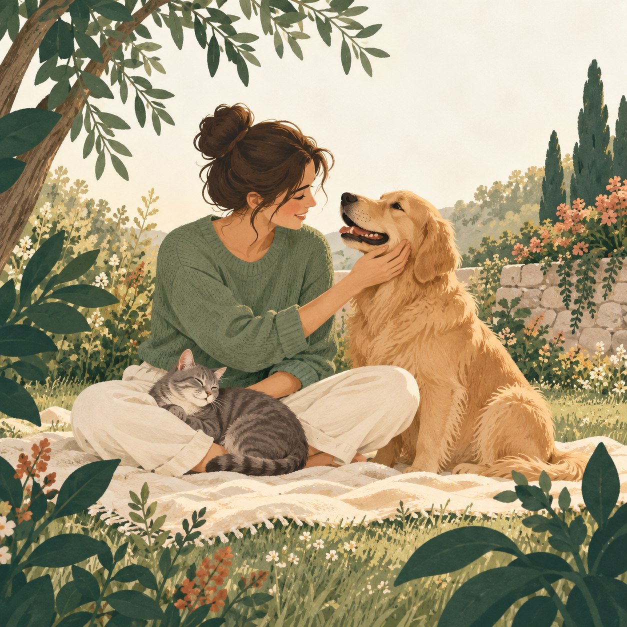Illustration of a woman sharing a quiet garden moment with her golden dog and resting cat