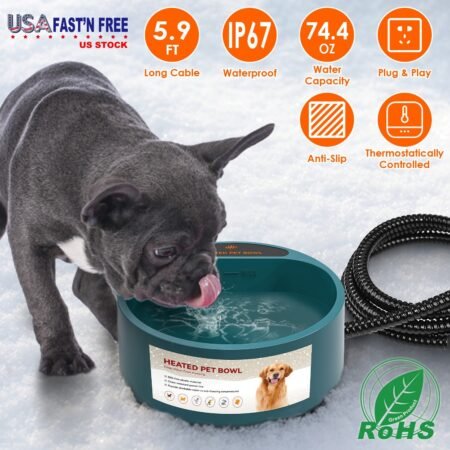 Heated Pet Water Bowl - IP67 Waterproof Thermal Bowl for Dogs & Cats - Keeps Water Warm in Winter
