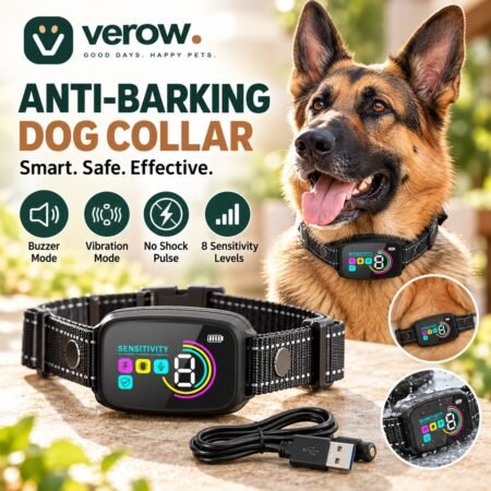 Smart automatic anti barking dog collar with HD digital display and adjustable strap on a neutral background.