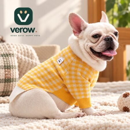 Smiley Grid Wool Dog Sweater laid flat, showing a warm winter pet sweater with a smiley grid pattern.