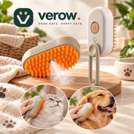 A 3-in-1 pet steam grooming brush made of ABS material designed for brushing, detangling, and fine mist application on cats and dogs.